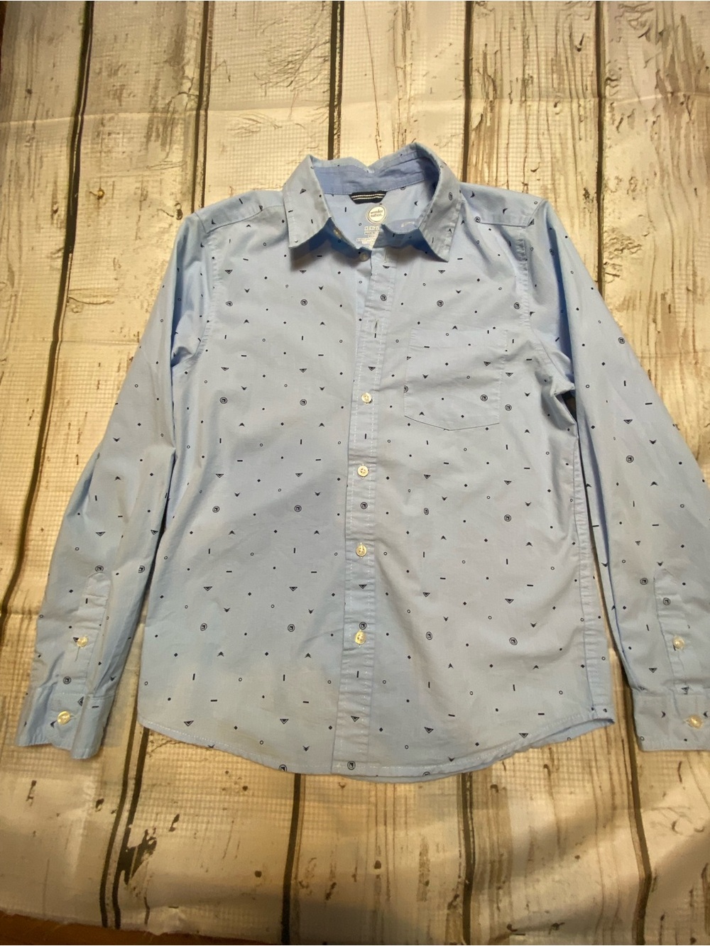 wonder nation Kids Light Blue Button-Down Shirt with Micro Navy Print Sz-Kids XL